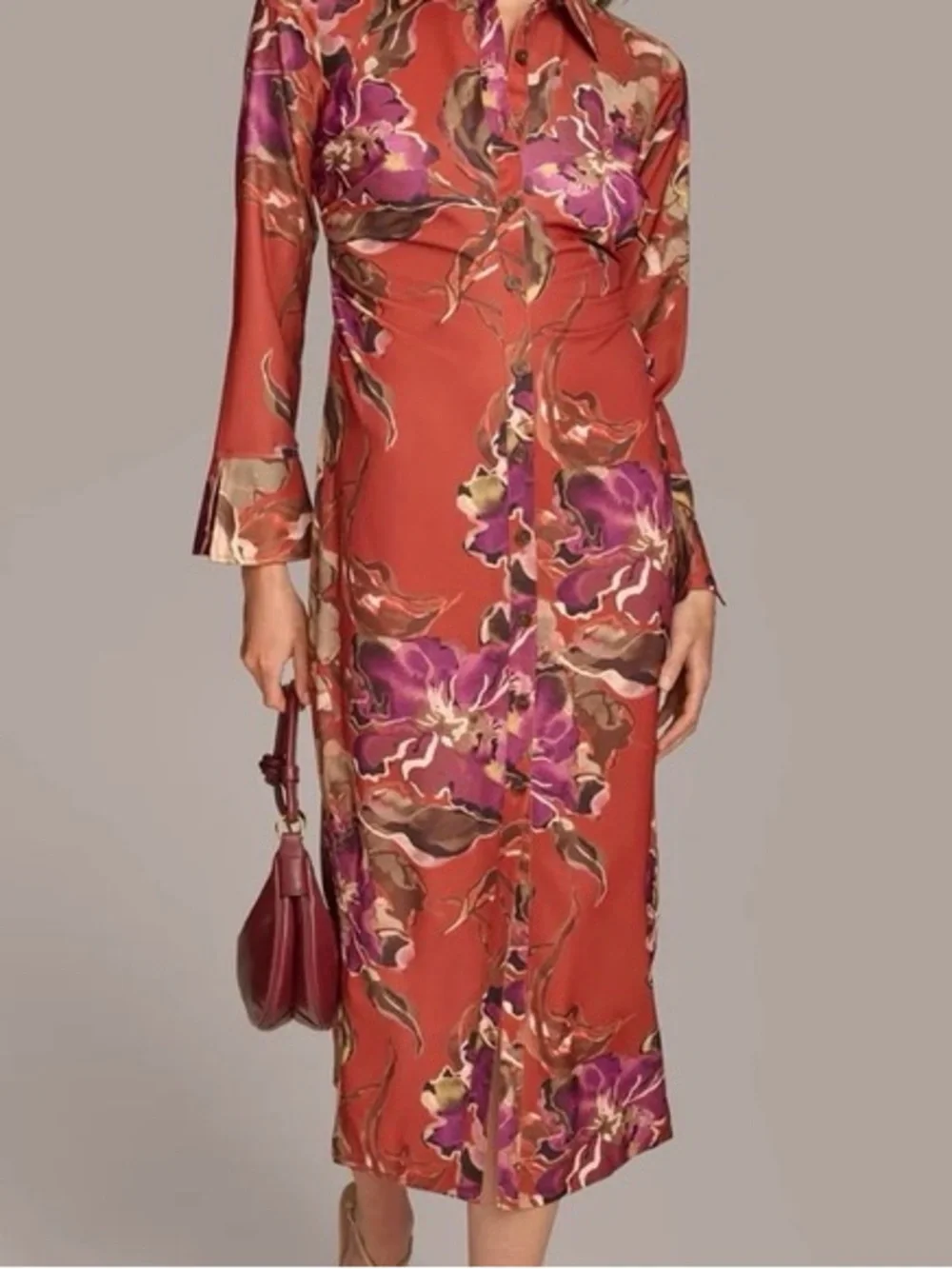 Donna Karan Midi Dress  Floral Print Long Sleeve Shirt Dress - Rust & Purple NWT - Picture 4 of 6